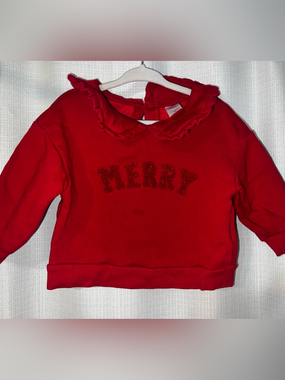 Old Navy Red Ruffle Collar Sweatshirt with Glitter 'MERRY'